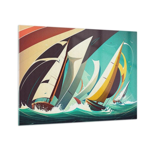 Obraz na skle - Retro styl ilustrace plachetnic v rozbouřeném moři - 70x50cm - Jak vycházet s živly - Moderní nástěnná dekorace do obývacího pokoje a ložnice ARTTOR