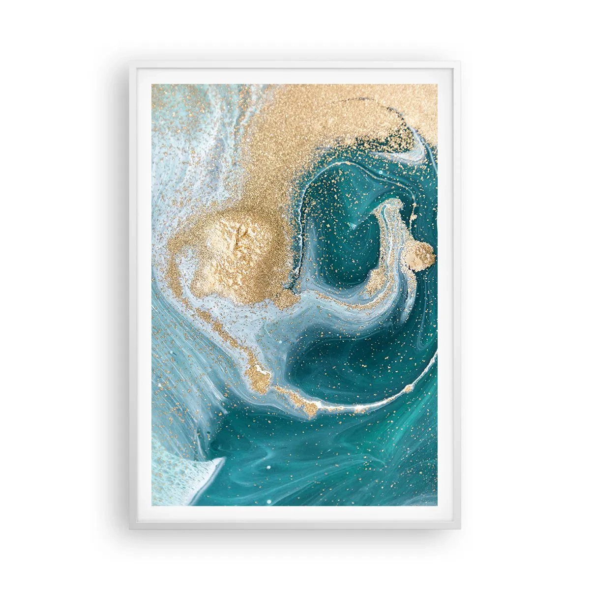 Plakát v bílém rámu - Vír zlaté a tyrkysové - 70x100 cm