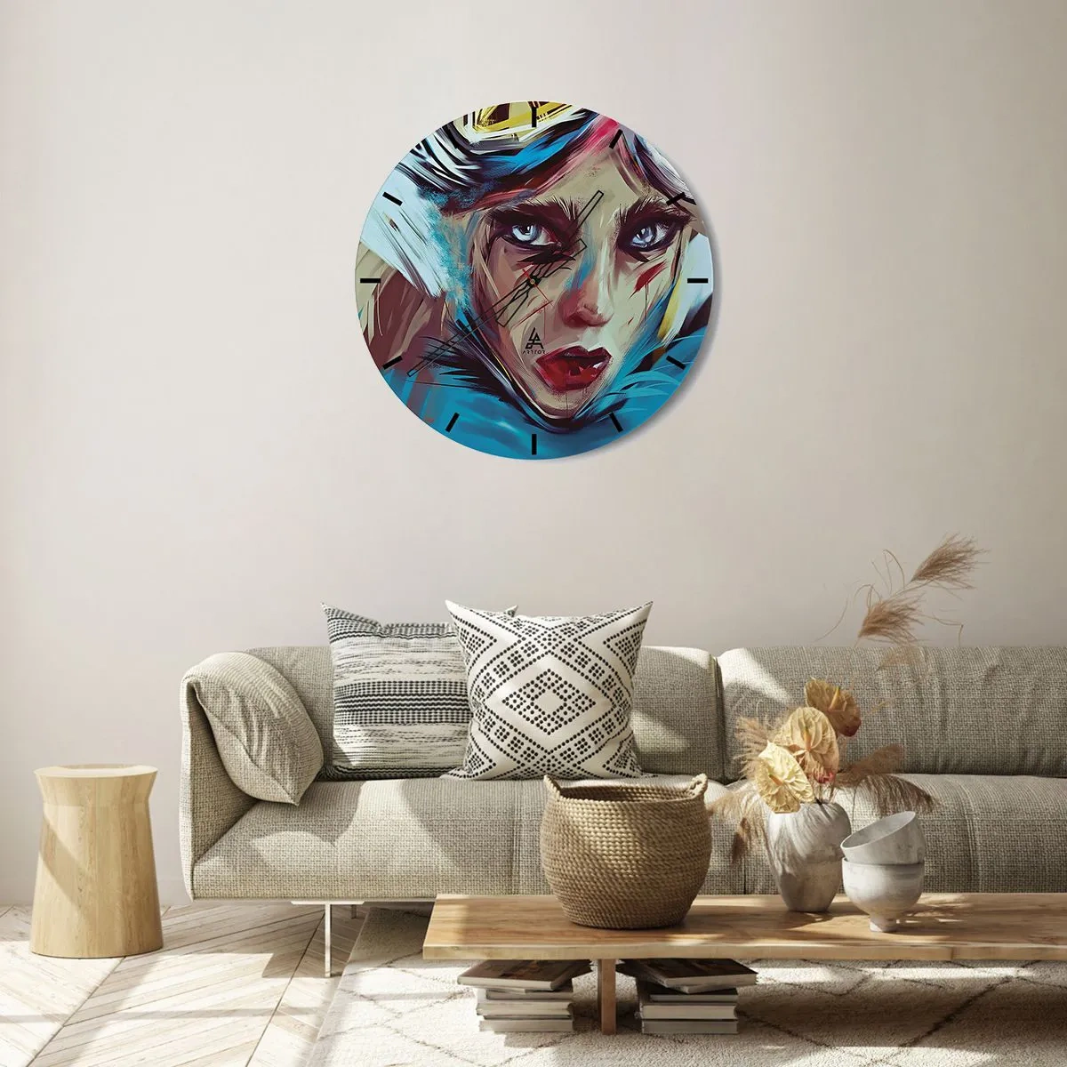 Nástěnné hodiny - Expresivní portrét ženy v intenzivních barvách - 30x30cm - Silniční válečnice - Moderní nástěnná dekorace do obývacího pokoje, kuchyně a ložnice ARTTOR