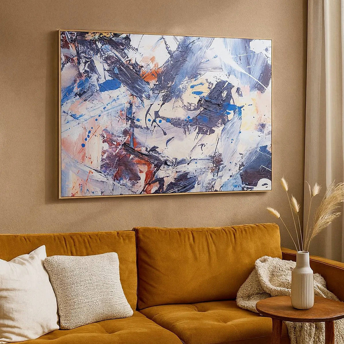 Obraz na plátně - Abstrakce s dynamickými tahy štětcem v modré a červené barvě. - 70x50cm - Bláznivý tanec abstrakce - Moderní nástěnná dekorace do obývacího pokoje a ložnice ARTTOR