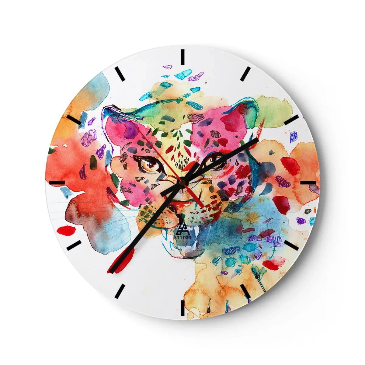 Nástěnné hodiny - Barevný portrét pantera v abstraktní akvarelové podobě. - 30x30cm - Kráska a zvíře - Moderní nástěnná dekorace do obývacího pokoje, kuchyně a ložnice ARTTOR