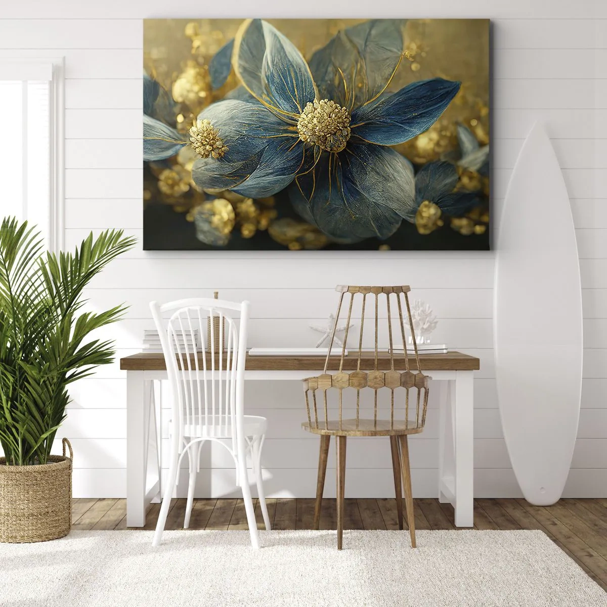 Obraz na plátně - Elegantní květiny v odstínech modré a zlaté - 70x50cm - Rozkvést zlatem - Moderní nástěnná dekorace do obývacího pokoje a ložnice ARTTOR