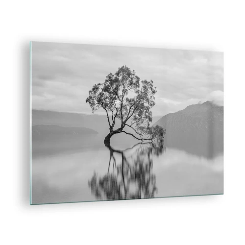 Obraz na skle - Osamělý strom na vodě v černobílé krajině - 70x50cm - Existuje taková země - Moderní nástěnná dekorace do obývacího pokoje a ložnice ARTTOR