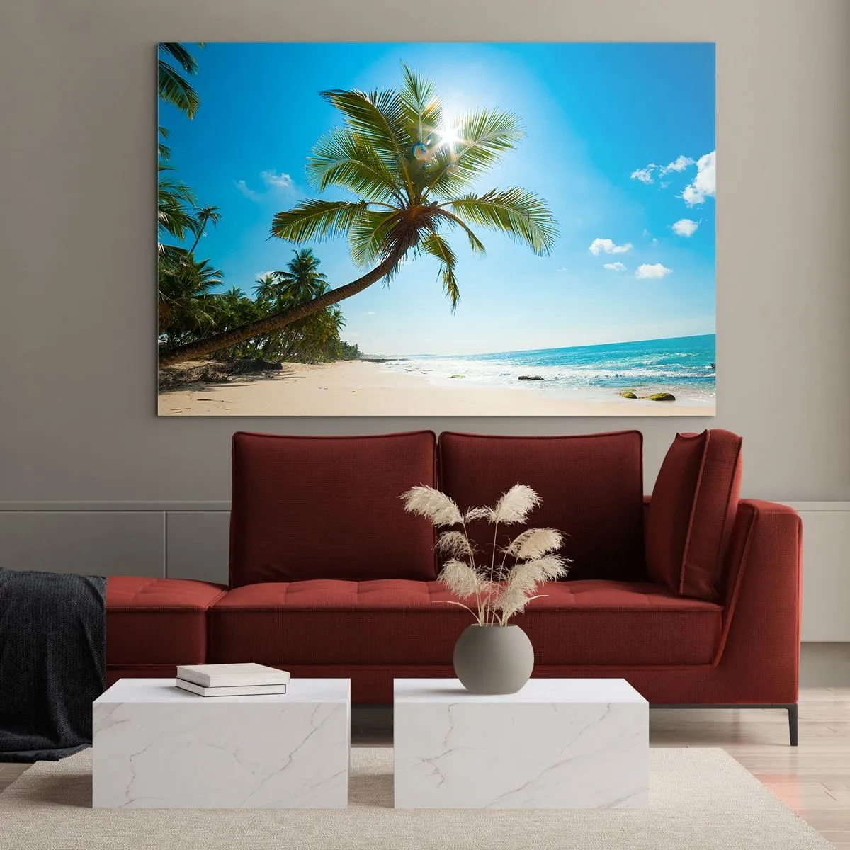 Obraz na skle - Tropická pláž s palmami a modrou oblohou - 70x50cm - Nikomu neukazovat - Moderní nástěnná dekorace do obývacího pokoje a ložnice ARTTOR