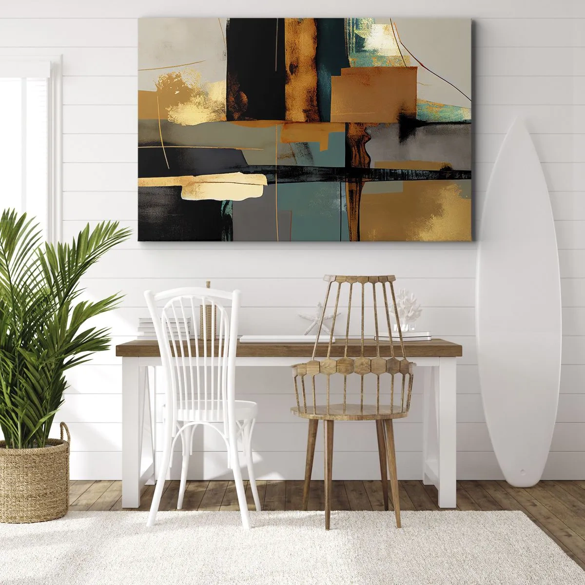 Obraz na plátně - Abstraktní kompozice se zlatými a tyrkysovými prvky - 70x50cm - Abstrakce – světlo a stín - Moderní nástěnná dekorace do obývacího pokoje a ložnice ARTTOR