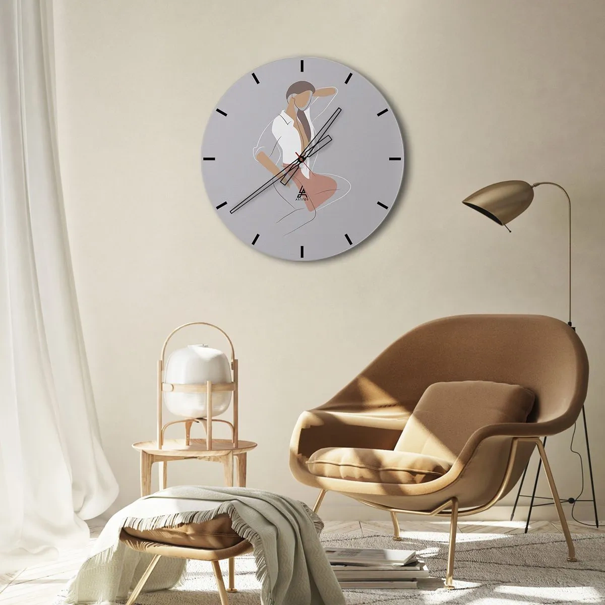 Nástěnné hodiny - Minimalistická silueta ženy na šedém pozadí - 30x30cm - Obrys půvabu - Moderní nástěnná dekorace do obývacího pokoje, kuchyně a ložnice ARTTOR