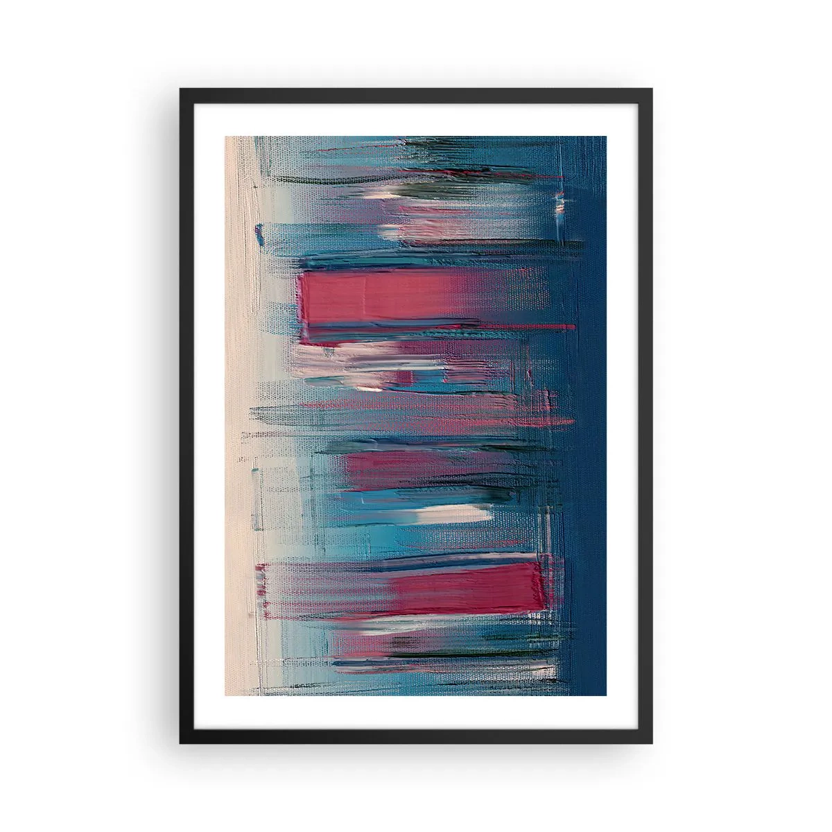 Plakát v černém rámu - Abstraktní kompozice v odstínech modré a červené - 50x70cm - Vertikální kompozice v modré a červené - Moderní nástěnná dekorace do obývacího pokoje a ložnice ARTTOR