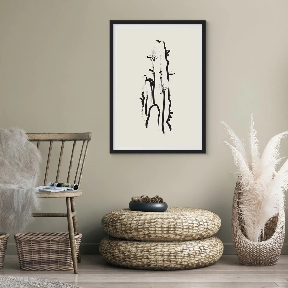 Plakát v černém rámu - Minimalistická kresba kaktusu - 50x70cm - Kvetoucí bylina - Moderní nástěnná dekorace do obývacího pokoje a ložnice ARTTOR