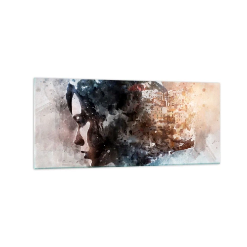 Obraz na skle - Příběh o dívce s městem v pozadí - 120x50 cm