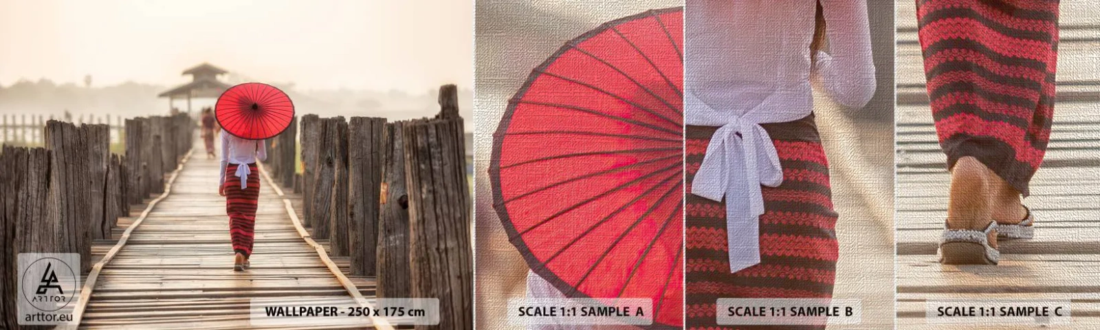 Vzor Fototapety Premium Canvas - Na starém mostě - Deštník, Barma, Dřevěný most - 100x30 cm