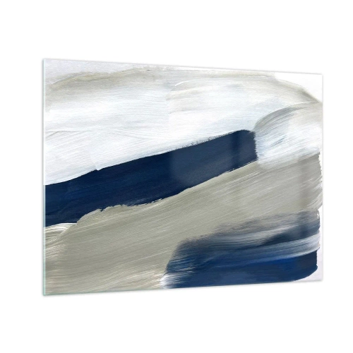 Obraz na skle - Minimalistická abstrakce s dynamickými tahy bílé, tmavě modré a šedé. - 70x50cm - Setkání s bílou - Moderní nástěnná dekorace do obývacího pokoje a ložnice ARTTOR