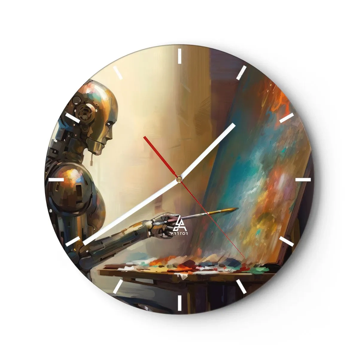 Nástěnné hodiny - Robot malující obraz na stojanu - 30x30cm - Umění budoucnosti - Moderní nástěnná dekorace do obývacího pokoje, kuchyně a ložnice ARTTOR