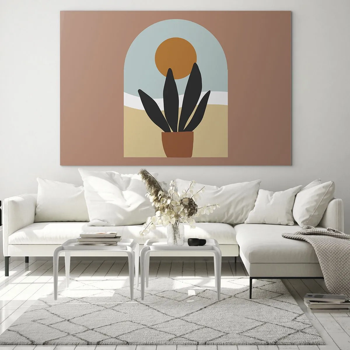 Obraz na skle - Abstraktní scéna s květináčem a sluncem v pozadí, v pastelových barvách. - 70x50cm - Malé radosti - Moderní nástěnná dekorace do obývacího pokoje a ložnice ARTTOR