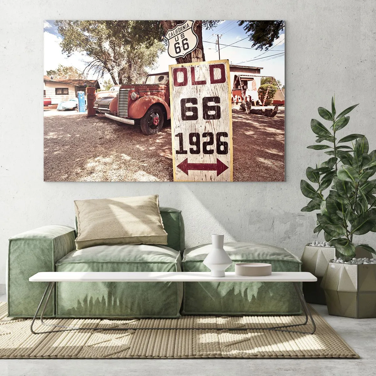 Obraz na skle - Oldtimer a retro značka Route 66 - 70x50cm - Legenda americké provincie - Moderní nástěnná dekorace do obývacího pokoje a ložnice ARTTOR
