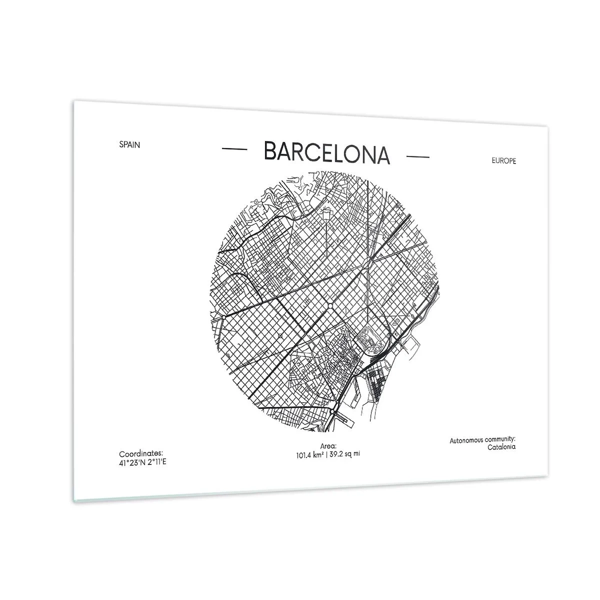 Obraz na skle - Minimalistická mapa Barcelony v černobílém provedení - 70x50cm - Anatomie Barcelony - Moderní nástěnná dekorace do obývacího pokoje a ložnice ARTTOR