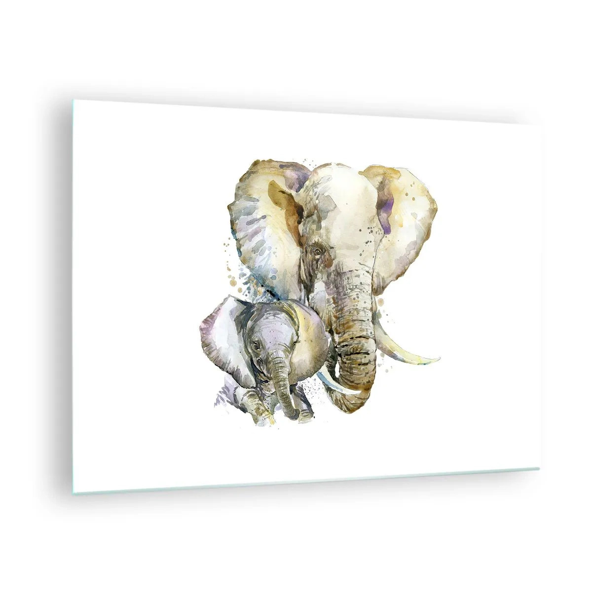 Obraz na skle - Umělecké sloni ve stylu akvarelu na bílém pozadí - 70x50cm - Nejlépe je u mámy - Moderní nástěnná dekorace do obývacího pokoje a ložnice ARTTOR