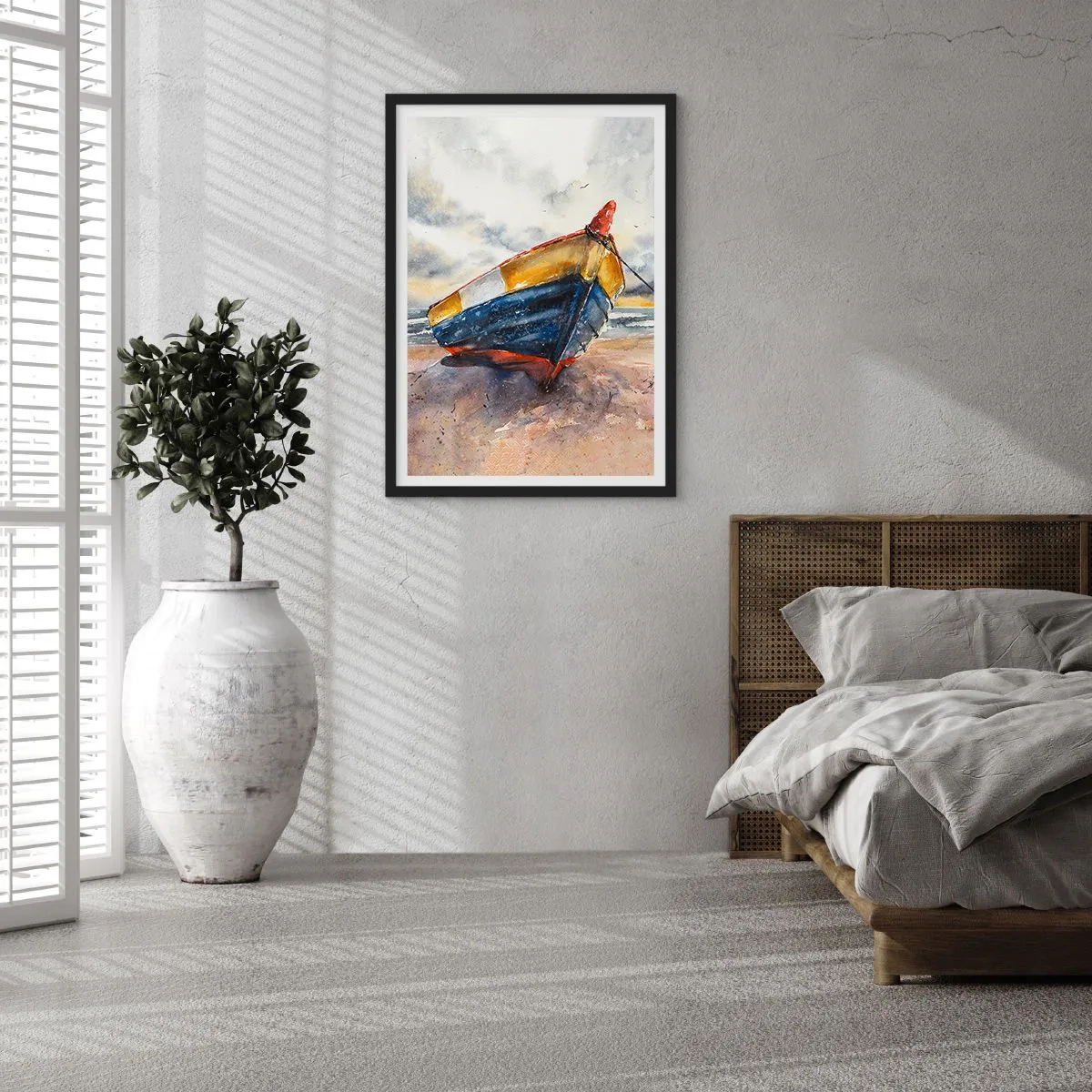 Plakát v černém rámu - Akvarelová loď na pláži při západu slunce - 50x70cm - Odpočinek na břehu - Moderní nástěnná dekorace do obývacího pokoje a ložnice ARTTOR