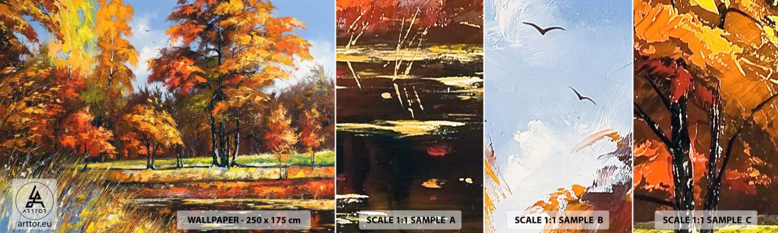 Vzor Fototapety Samolepicí Deluxe Sticker - Krajinka ve zlaté a hnědé - Krajina, Les, Impresionismus - 100x30 cm