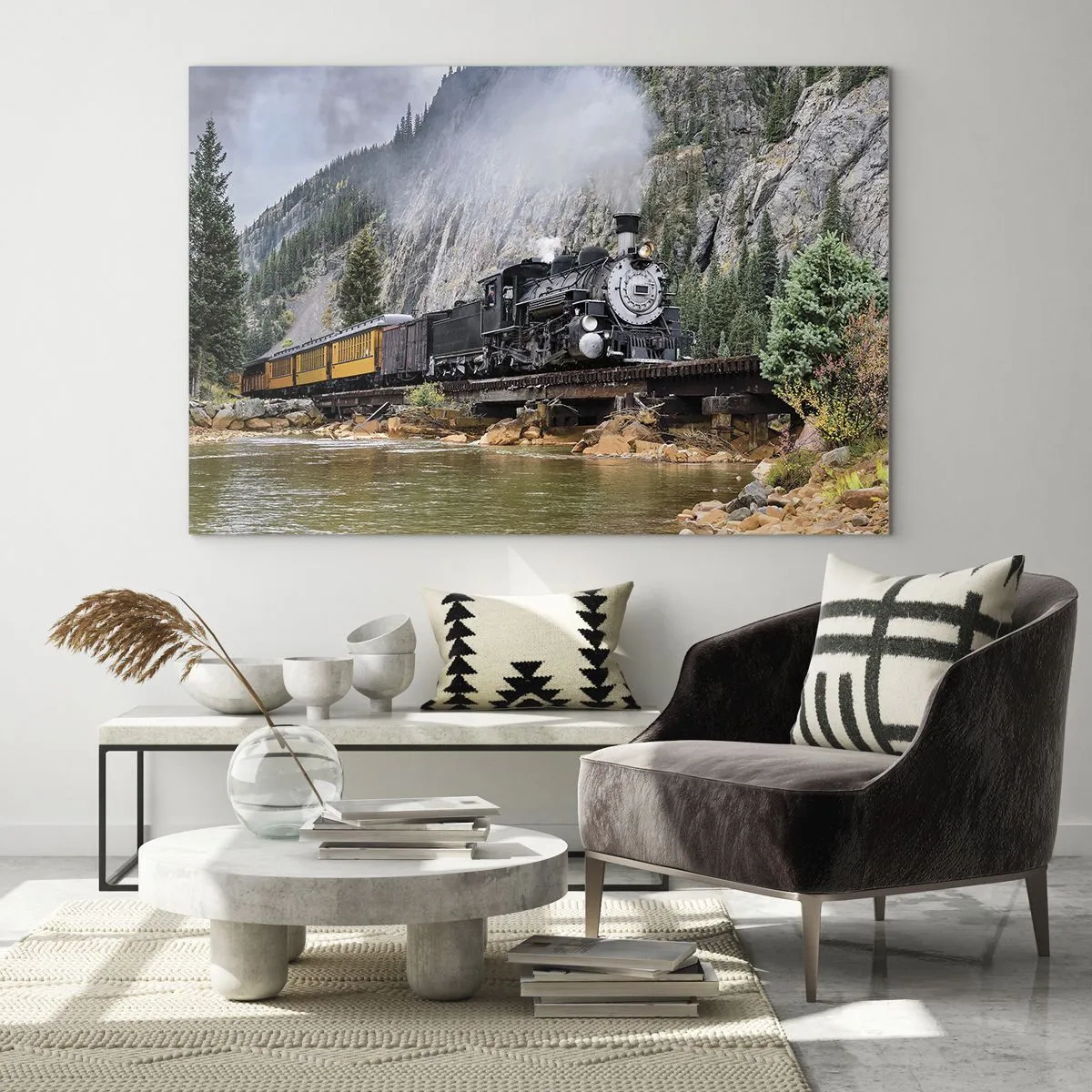Obraz na skle - Parní lokomotiva na mostě v horách - 70x50cm - Kampak? Kam? - Moderní nástěnná dekorace do obývacího pokoje a ložnice ARTTOR