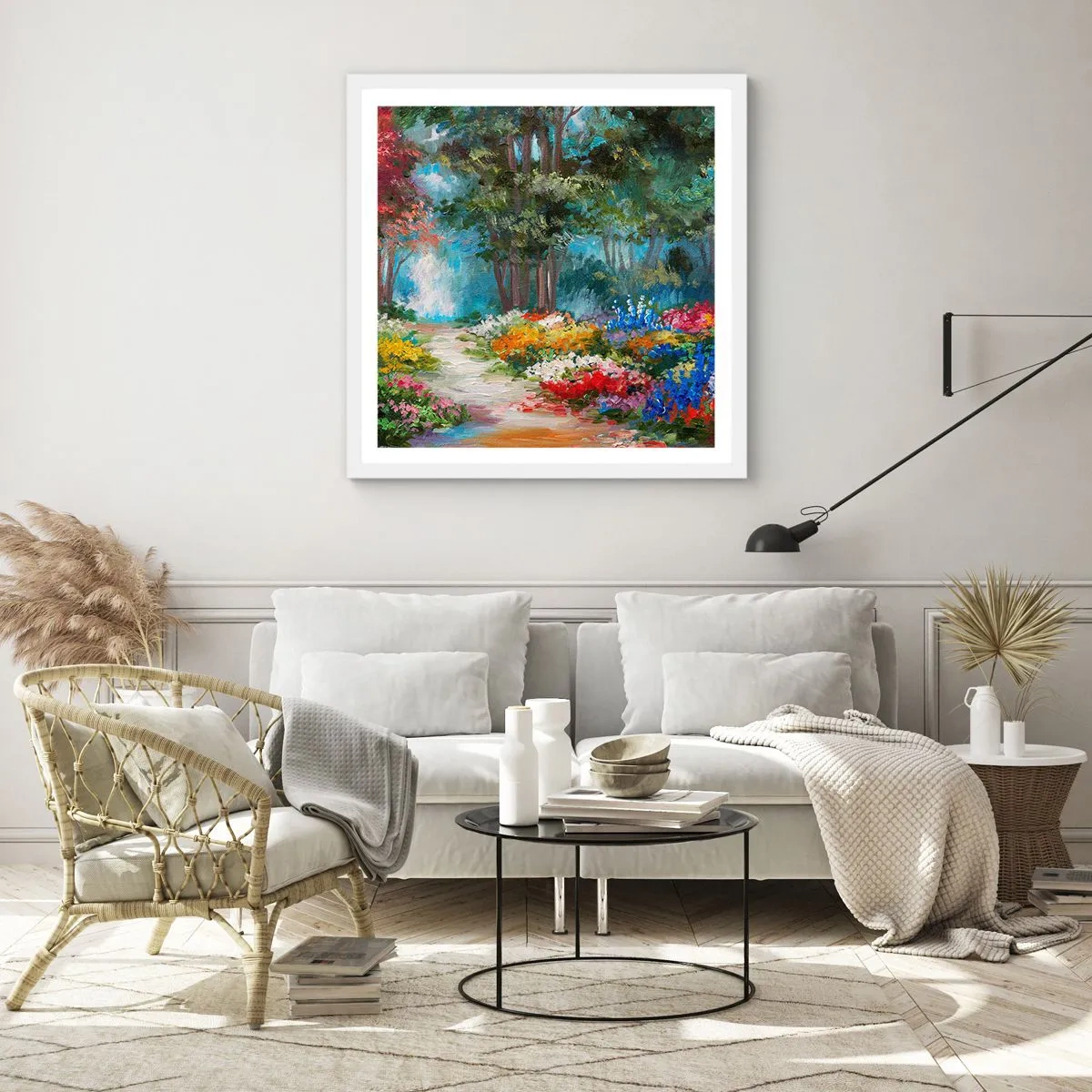 Plakát v bílém rámu - Lesní zahrada, květinový les - 30x30 cm