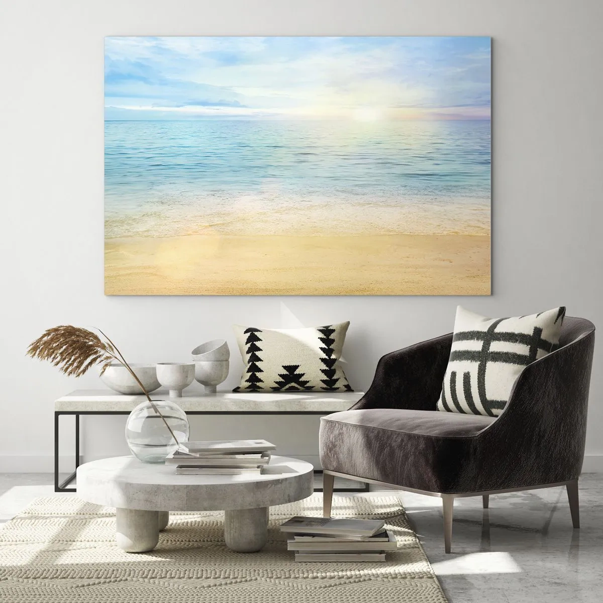 Obraz na skle - Slunečná pláž s azurovým mořem a oblohou - 70x50cm - Velká modř - Moderní nástěnná dekorace do obývacího pokoje a ložnice ARTTOR