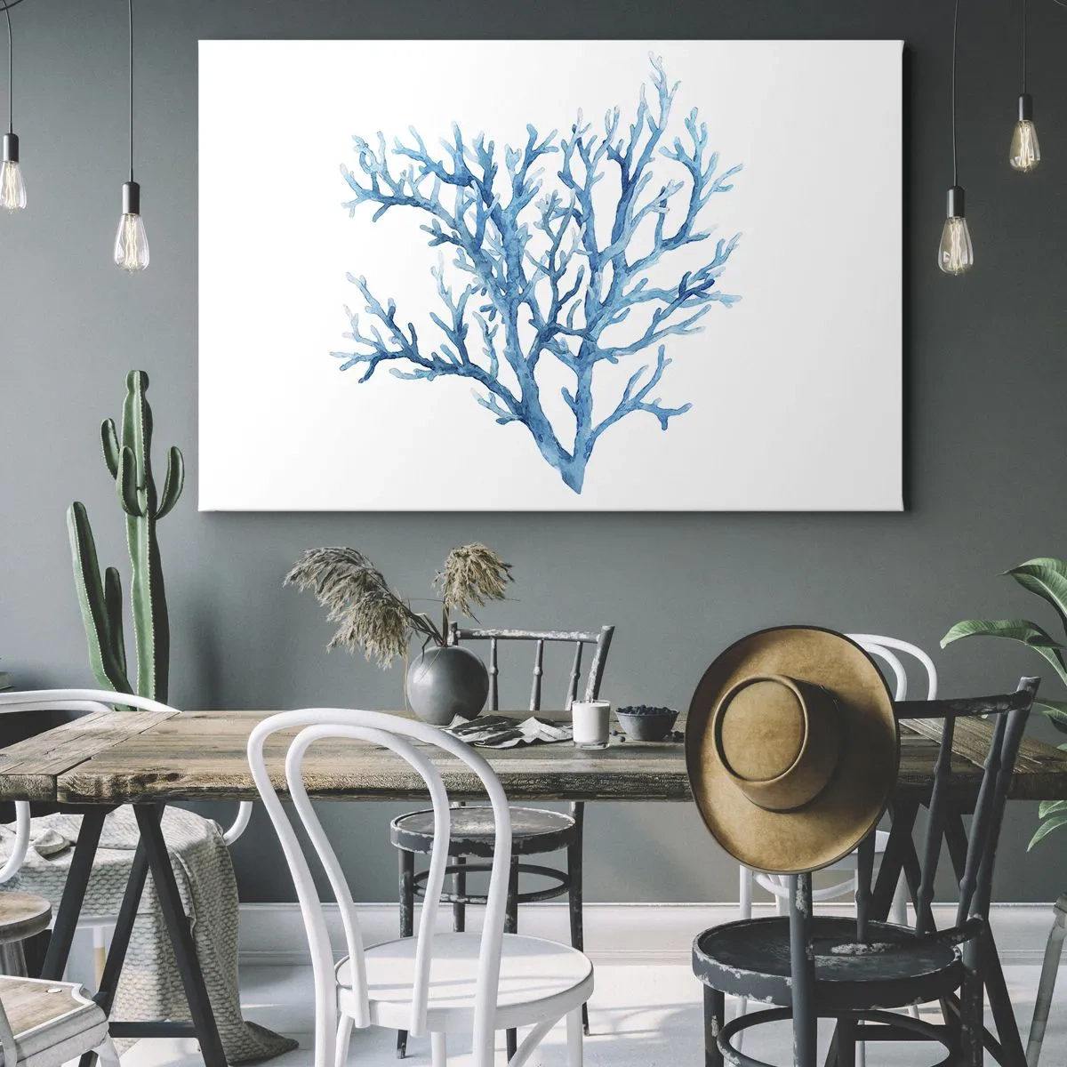 Obraz na plátně - Modrý korál na bílém pozadí s minimalistickým nádechem - 70x50cm - Mořský filigrán - Moderní nástěnná dekorace do obývacího pokoje a ložnice ARTTOR