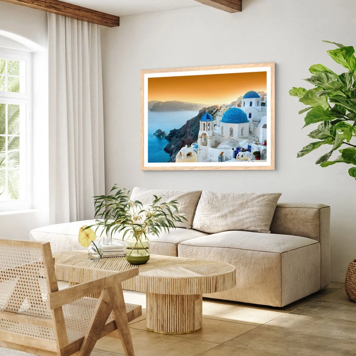 Plakát v rámu světlý dub - Santorini - přitulené ke skalám - 40x30 cm