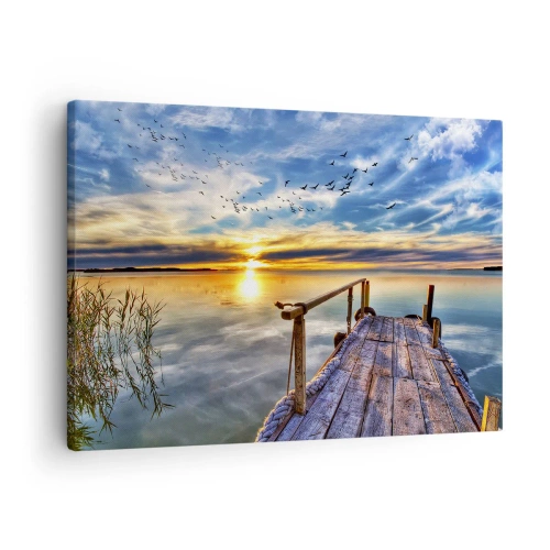 Obraz na plátně - Dřevěné molo nad jezerem při západu slunce - 70x50cm - Vítr jde odpočívat - Moderní nástěnná dekorace do obývacího pokoje a ložnice ARTTOR