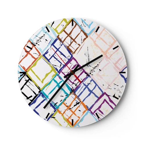 Nástěnné hodiny - Barevné abstraktní čáry tvořící geometrické tvary - 30x30cm - Buňky k pronájmu - Moderní nástěnná dekorace do obývacího pokoje, kuchyně a ložnice ARTTOR