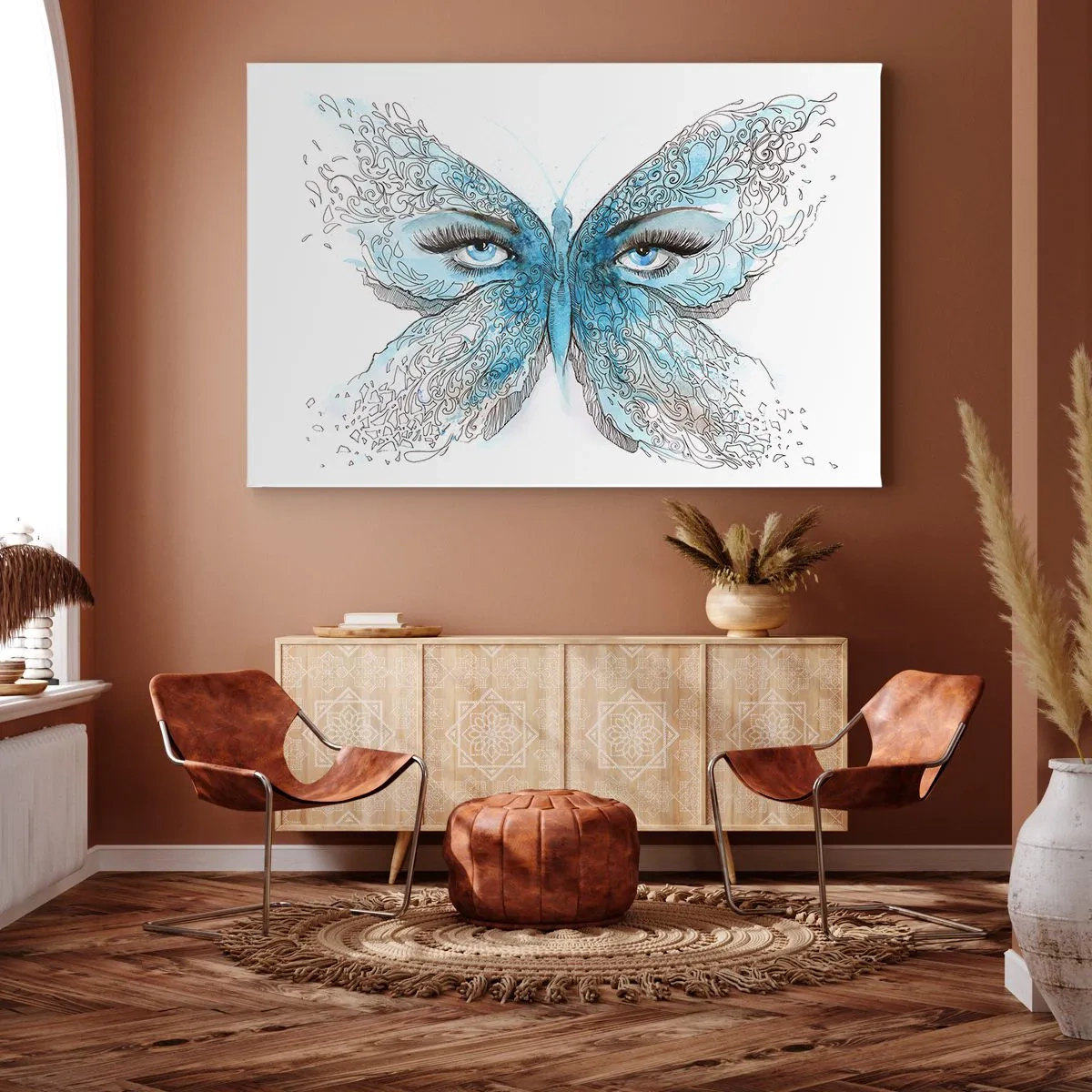 Obraz na plátně - Umělecký akvarel motýla s modrýma očima - 70x50cm - Sýkora modřinka eros - Moderní nástěnná dekorace do obývacího pokoje a ložnice ARTTOR