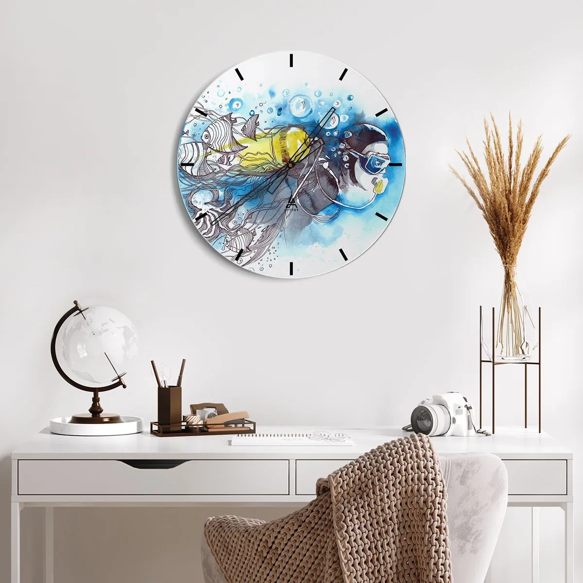 Nástěnné hodiny - Potápěč s barevnými rybami v podvodním světě - 30x30cm - Velká modř - Moderní nástěnná dekorace do obývacího pokoje, kuchyně a ložnice ARTTOR