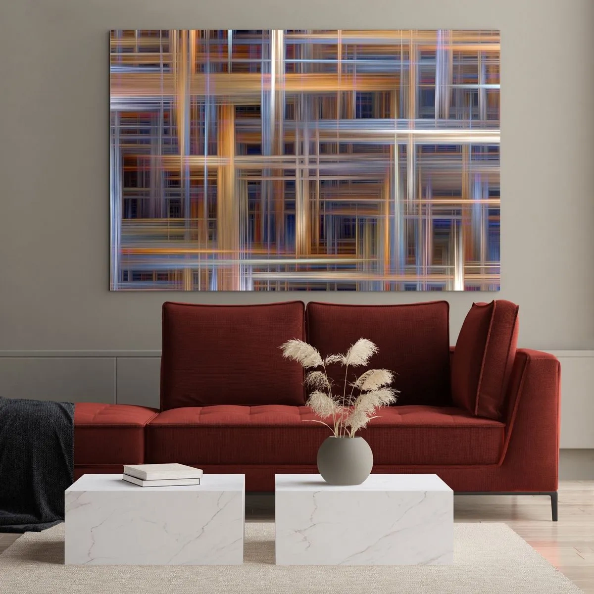Obraz na skle - Geometrický vzor čar a barev v abstraktním stylu - 70x50cm - Utkané ze světla - Moderní nástěnná dekorace do obývacího pokoje a ložnice ARTTOR