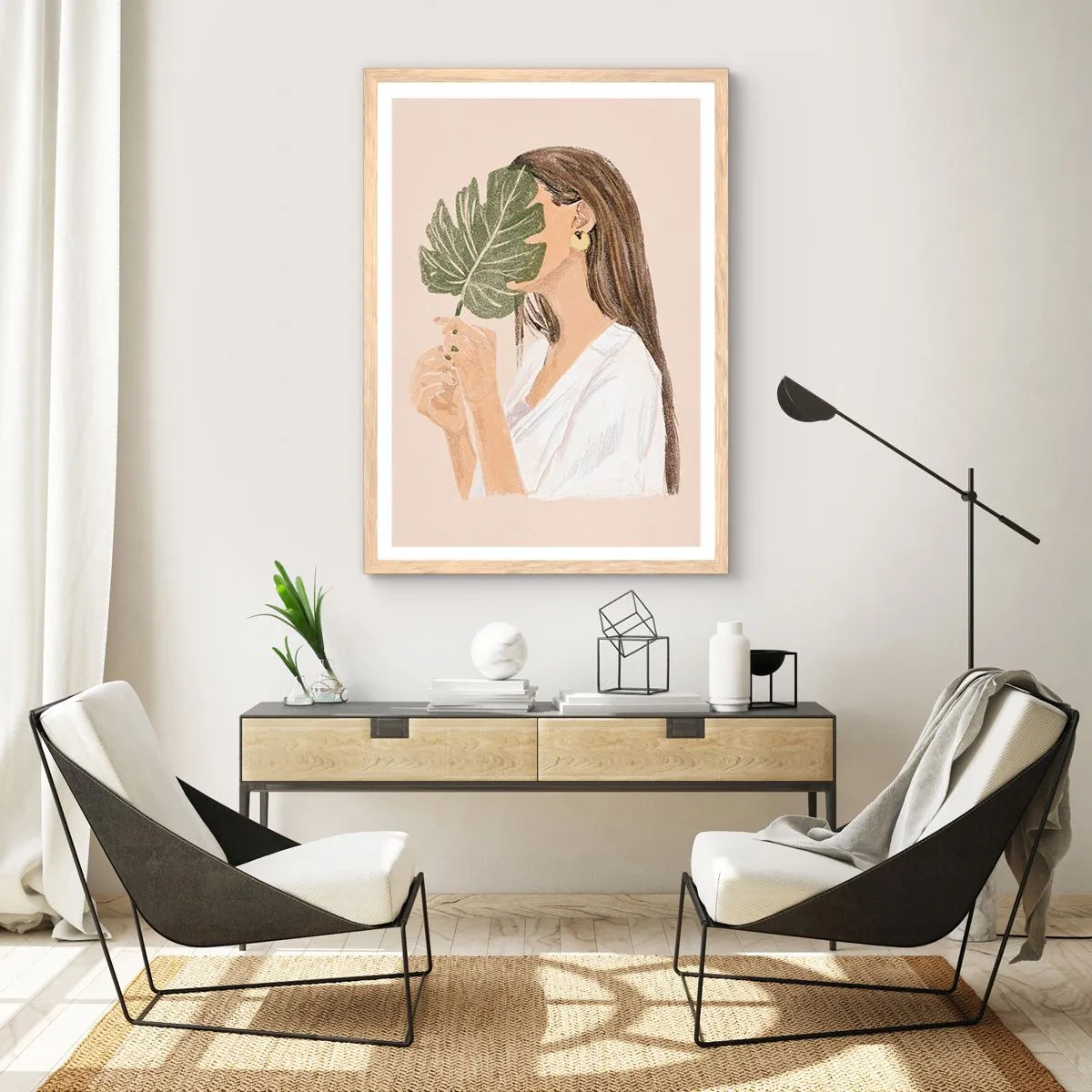 Plakát v rámu světlý dub - Tajemný portrét s vějířem - 70x100 cm