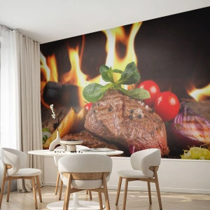 Fototapeta na míru Samolepicí Deluxe Sticker - Vykouzlené žárem - Gastronomie, steak, Plameny ohně