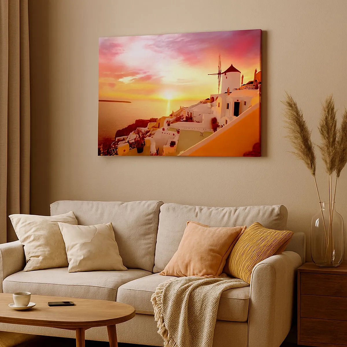 Obraz na plátně - Santorini při západu slunce s větrným mlýnem - 70x50cm - Rozplynout se v bílé a zlaté - Moderní nástěnná dekorace do obývacího pokoje a ložnice ARTTOR