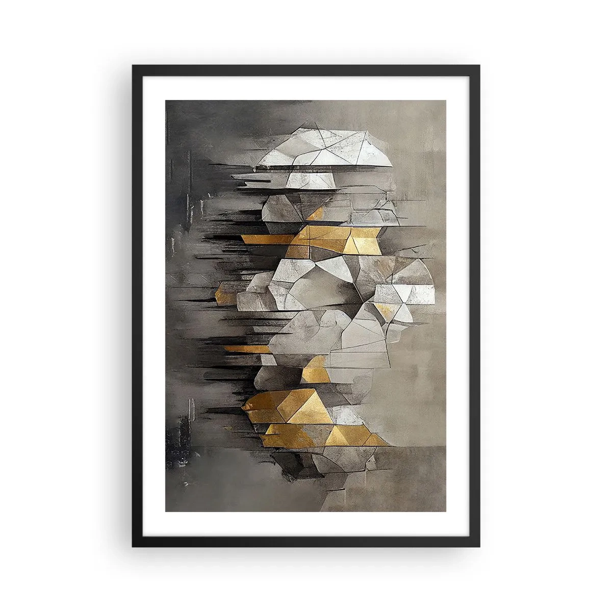 Plakát v černém rámu - Geometrická abstrakce v odstínech šedé a zlaté - 50x70cm - Kompozice z ledu a světla - Moderní nástěnná dekorace do obývacího pokoje a ložnice ARTTOR