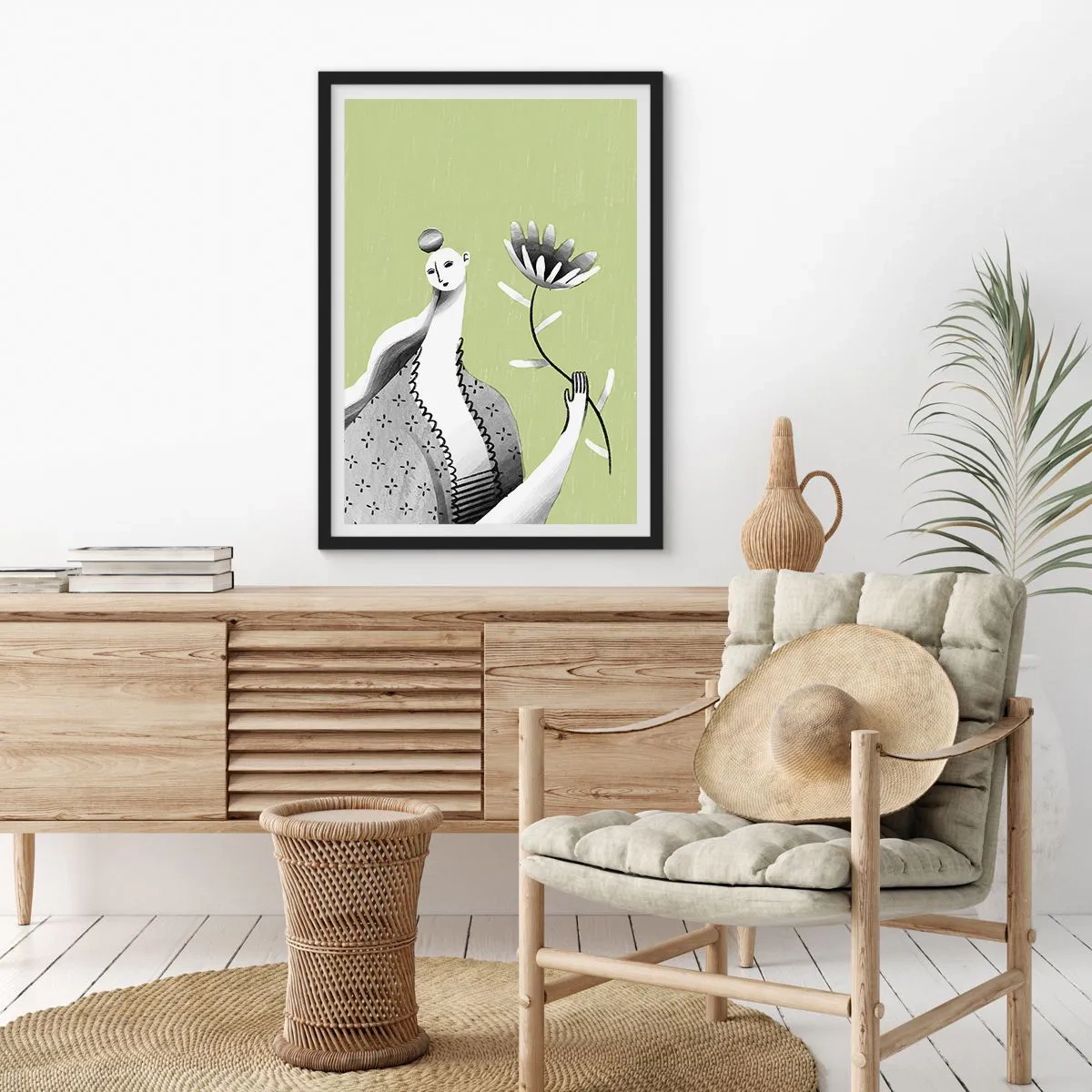 Plakát v černém rámu - Modernistický portrét – držící květinu - 40x50 cm