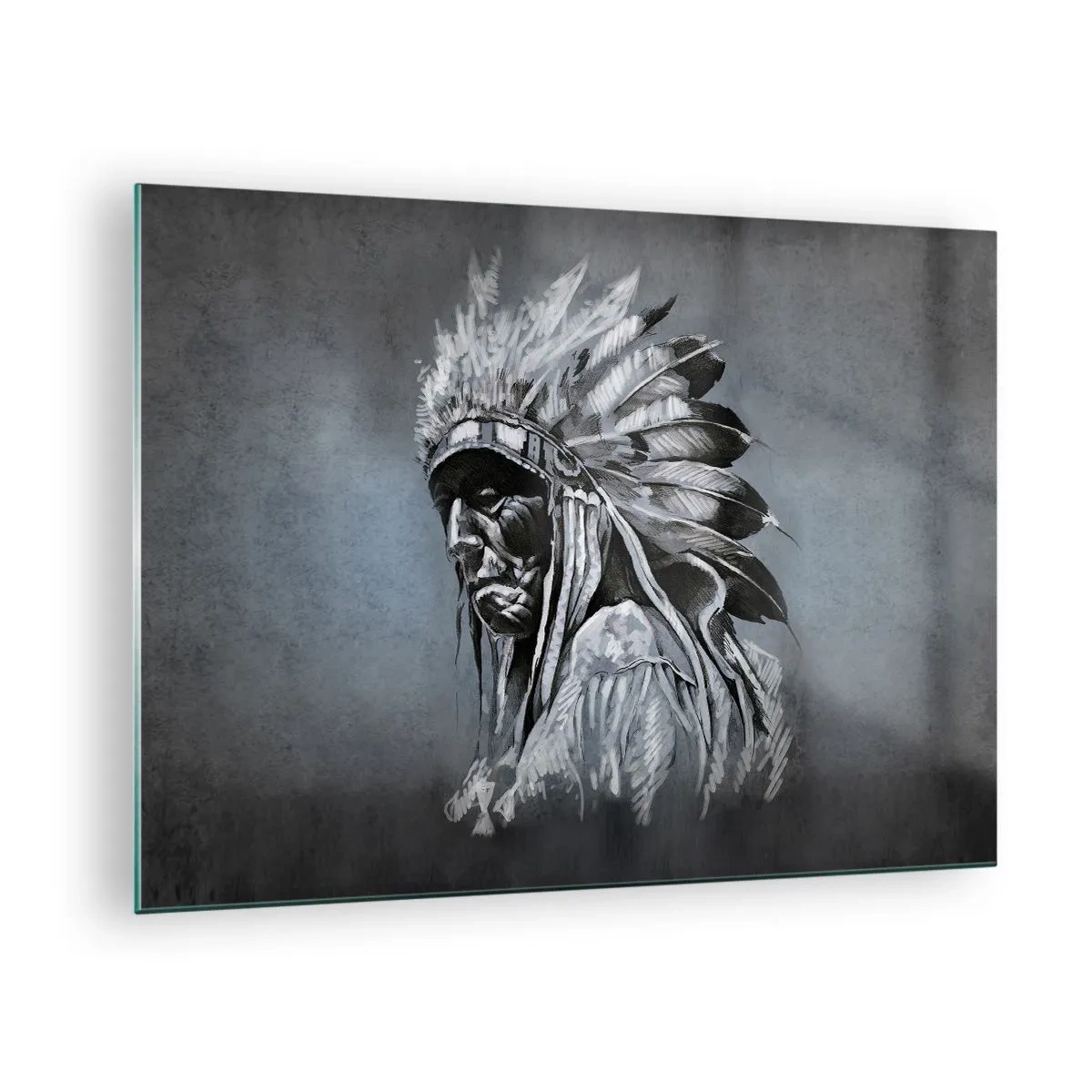 Obraz na skle - Portrét muže s péřovou čelenkou na tmavém, šedém pozadí - 70x50cm - Návrat k základům - Moderní nástěnná dekorace do obývacího pokoje a ložnice ARTTOR