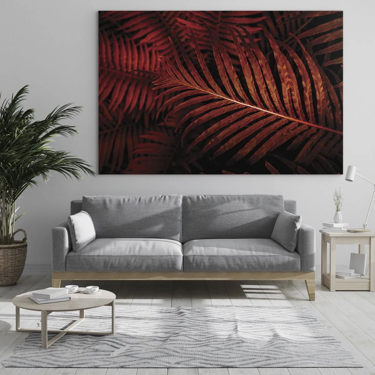 Obraz na skle - Červené listy tropické rostliny na tmavém pozadí - 70x50cm - Žár života - Moderní nástěnná dekorace do obývacího pokoje a ložnice ARTTOR