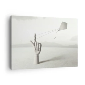 Obraz na plátně - Minimalistická dřevěná ruka s drakem na pozadí krajiny. - 70x50cm - Výzva - Moderní nástěnná dekorace do obývacího pokoje a ložnice ARTTOR