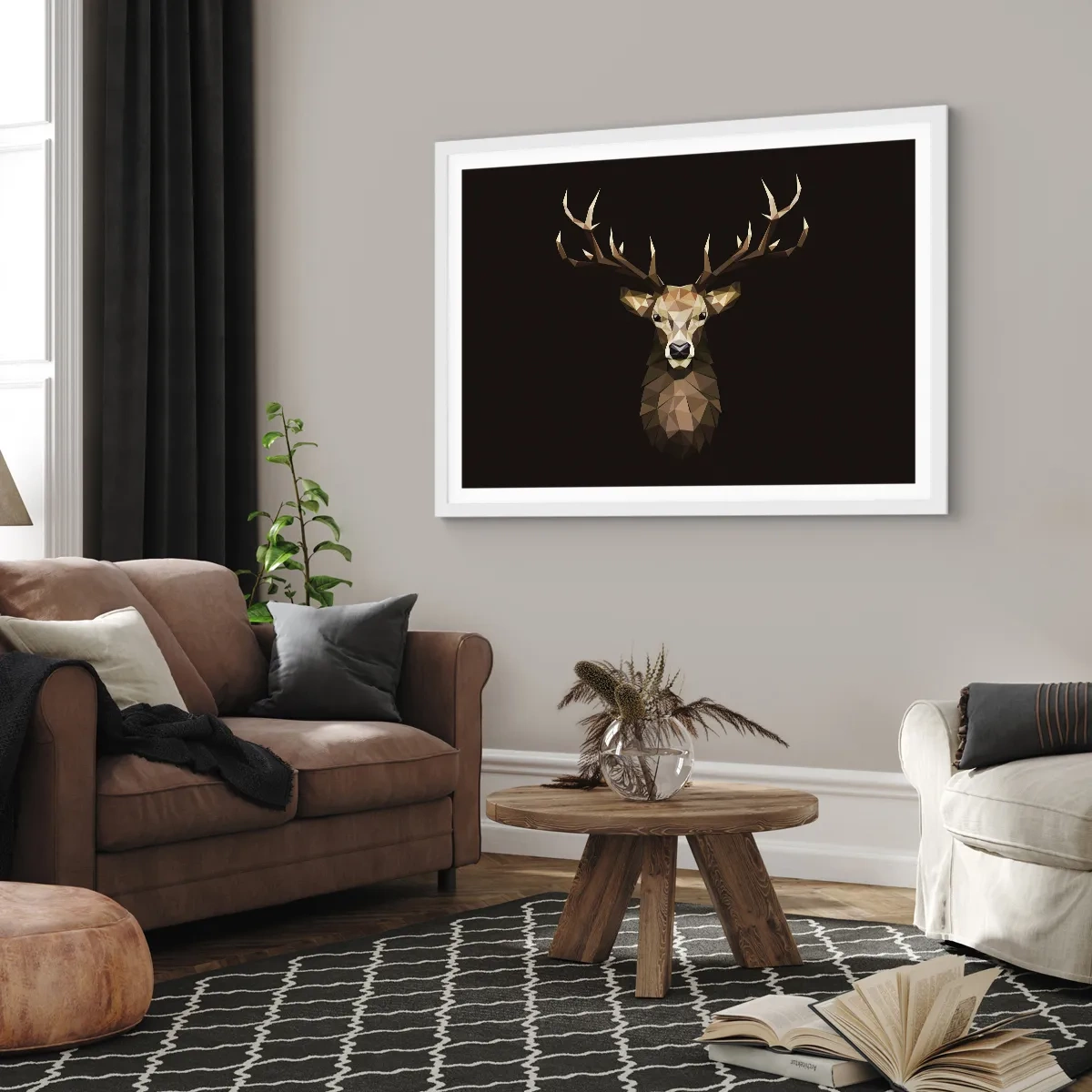 Plakát v bílém rámu - Kubistický jelen - 91x61 cm