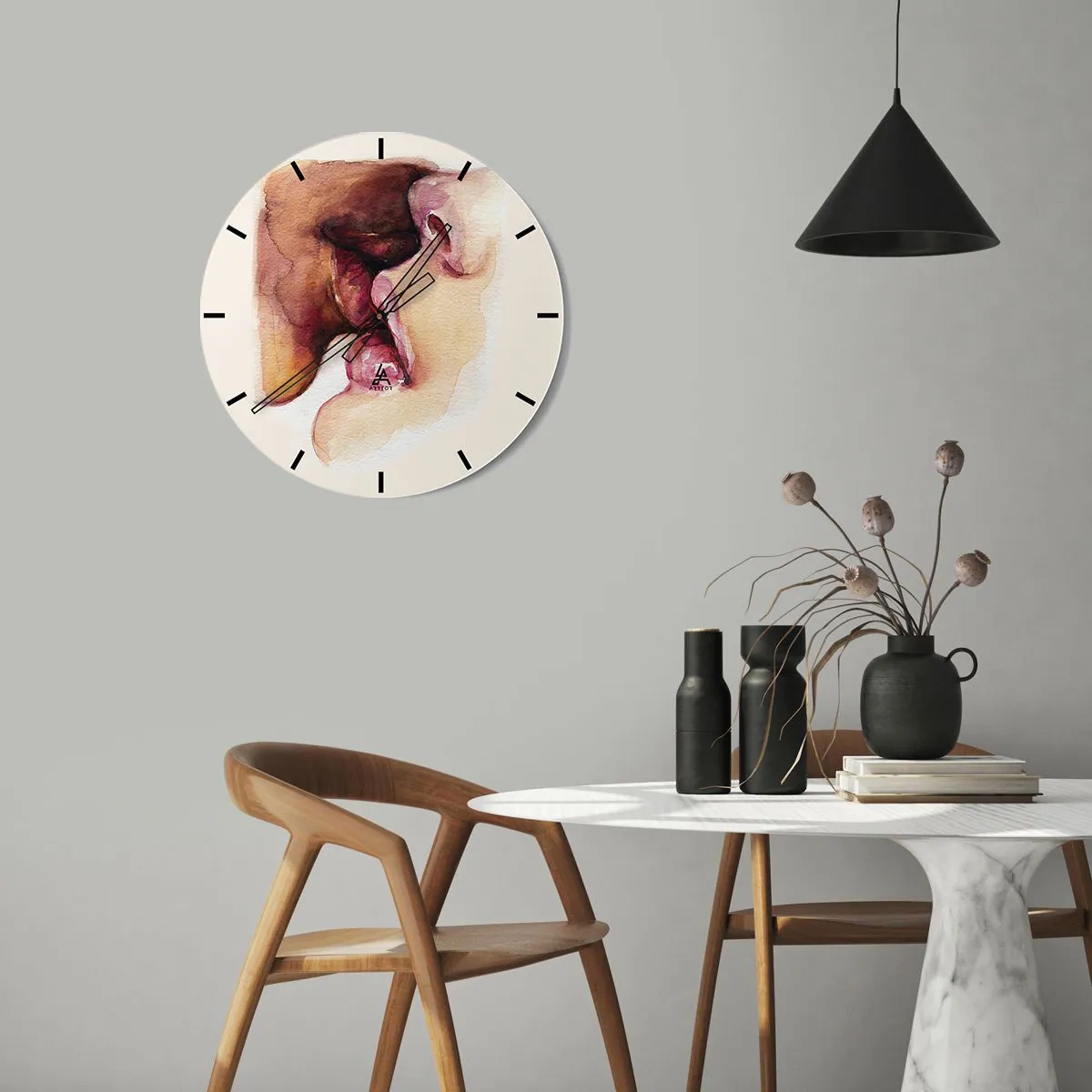 Nástěnné hodiny - Polibek dvou tváří ve stylu akvarelu - 30x30cm - Jako noc a den, země a nebe - Moderní nástěnná dekorace do obývacího pokoje, kuchyně a ložnice ARTTOR