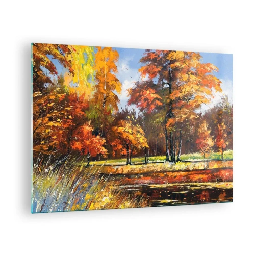 Obraz na skle - Podzimní krajina se stromy a odrazem ve vodě - 70x50cm - Krajinka ve zlaté a hnědé - Moderní nástěnná dekorace do obývacího pokoje a ložnice ARTTOR
