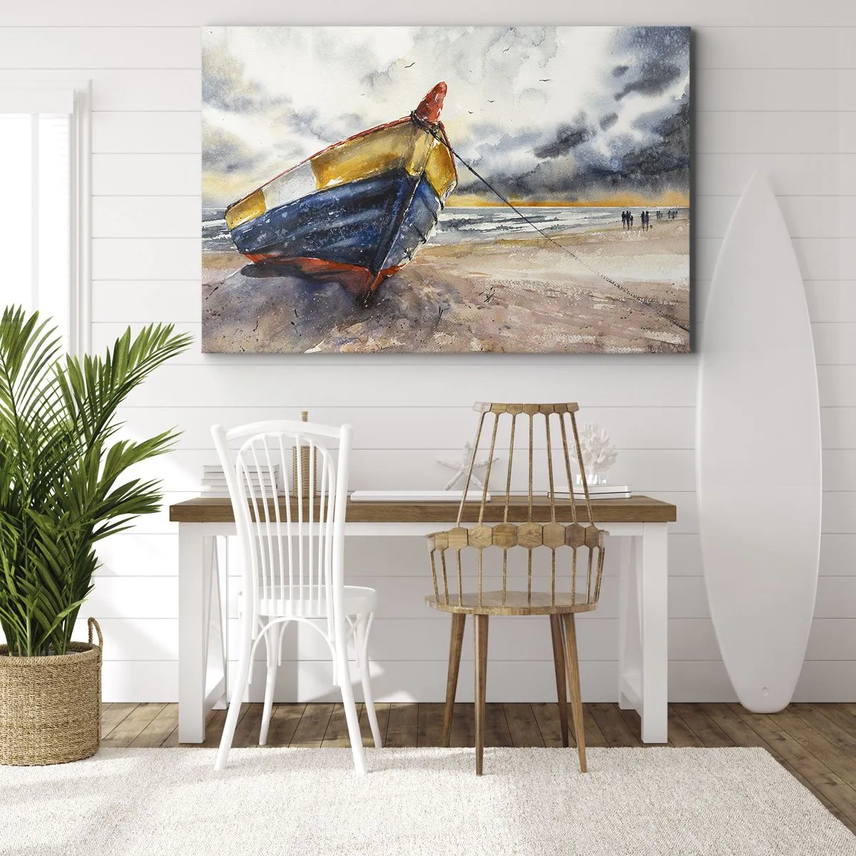 Obraz na plátně - Malebná loď na pláži pod zataženou oblohou - 70x50cm - Odpočinek na břehu - Moderní nástěnná dekorace do obývacího pokoje a ložnice ARTTOR