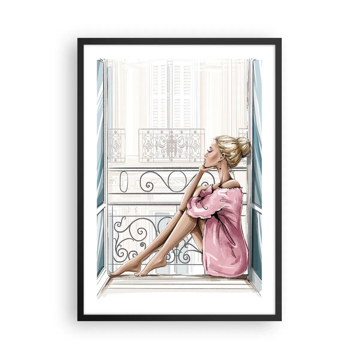 Plakát v černém rámu - Žena v růžovém županu sedí na balkóně - 50x70cm - Pařížské ráno - Moderní nástěnná dekorace do obývacího pokoje a ložnice ARTTOR