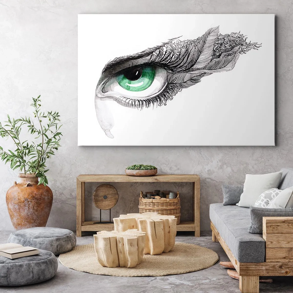 Obraz na plátně - Umělecké oko se zelenou duhovkou a detaily kreslení - 70x50cm - Krásná a připravená k útoku - Moderní nástěnná dekorace do obývacího pokoje a ložnice ARTTOR