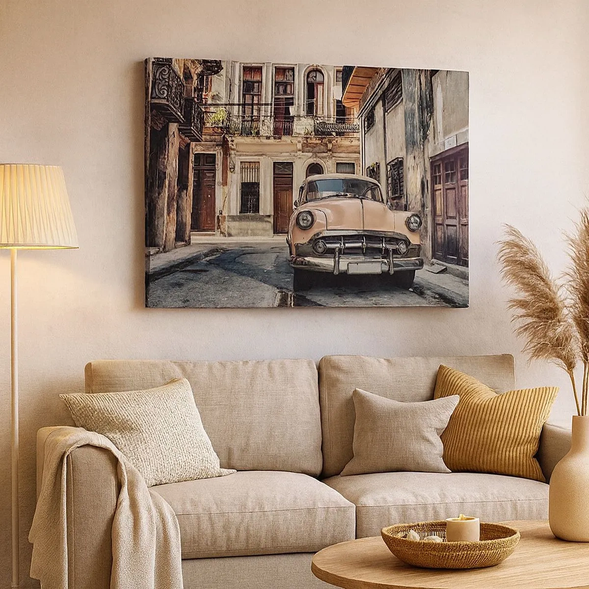 Obraz na plátně - Klasické auto na pozadí městské architektury - 70x50cm - Siesta v Havaně - Moderní nástěnná dekorace do obývacího pokoje a ložnice ARTTOR