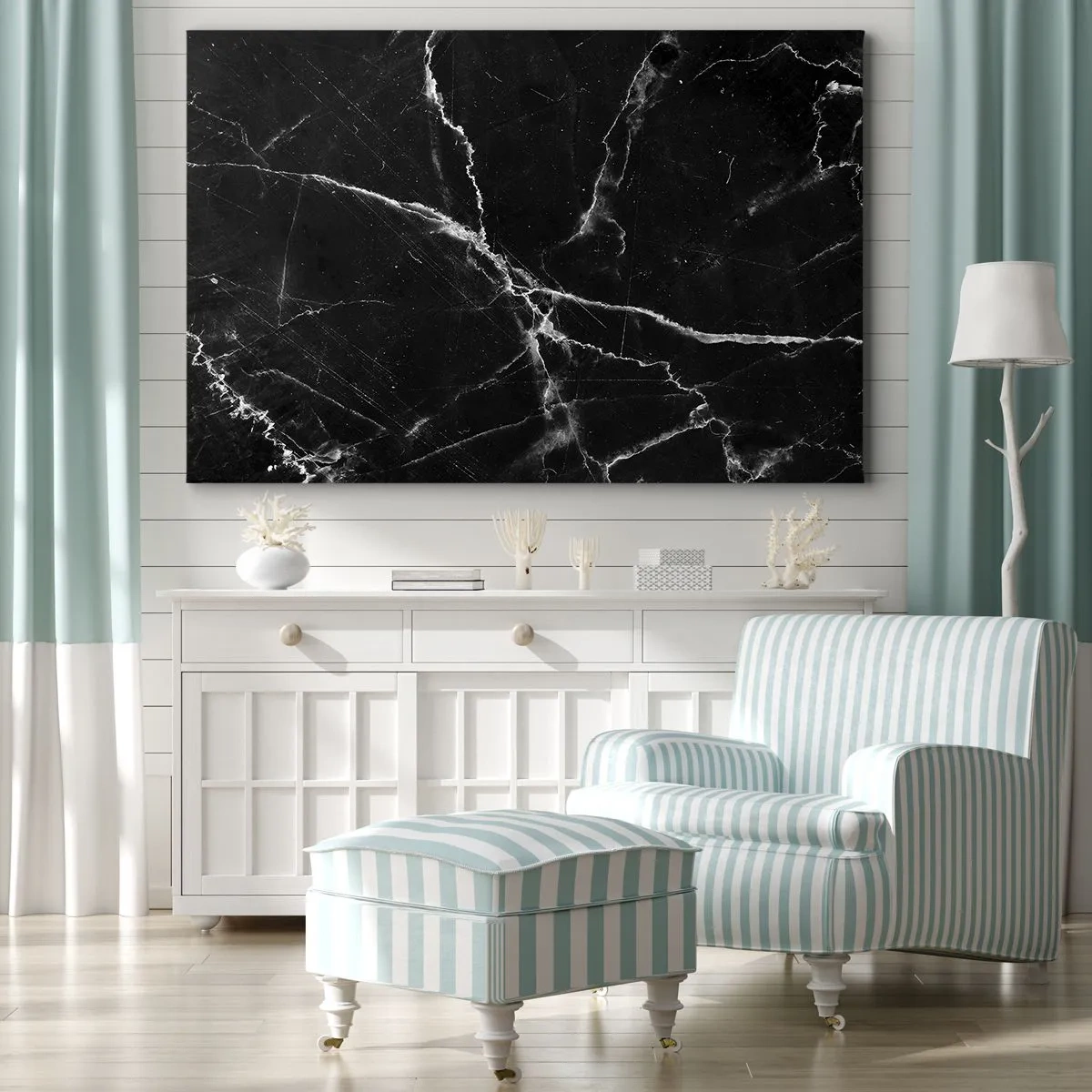 Obraz na plátně - Černý mramor s bílými žilkami v detailech - 70x50cm - Tajemný život kamene - Moderní nástěnná dekorace do obývacího pokoje a ložnice ARTTOR