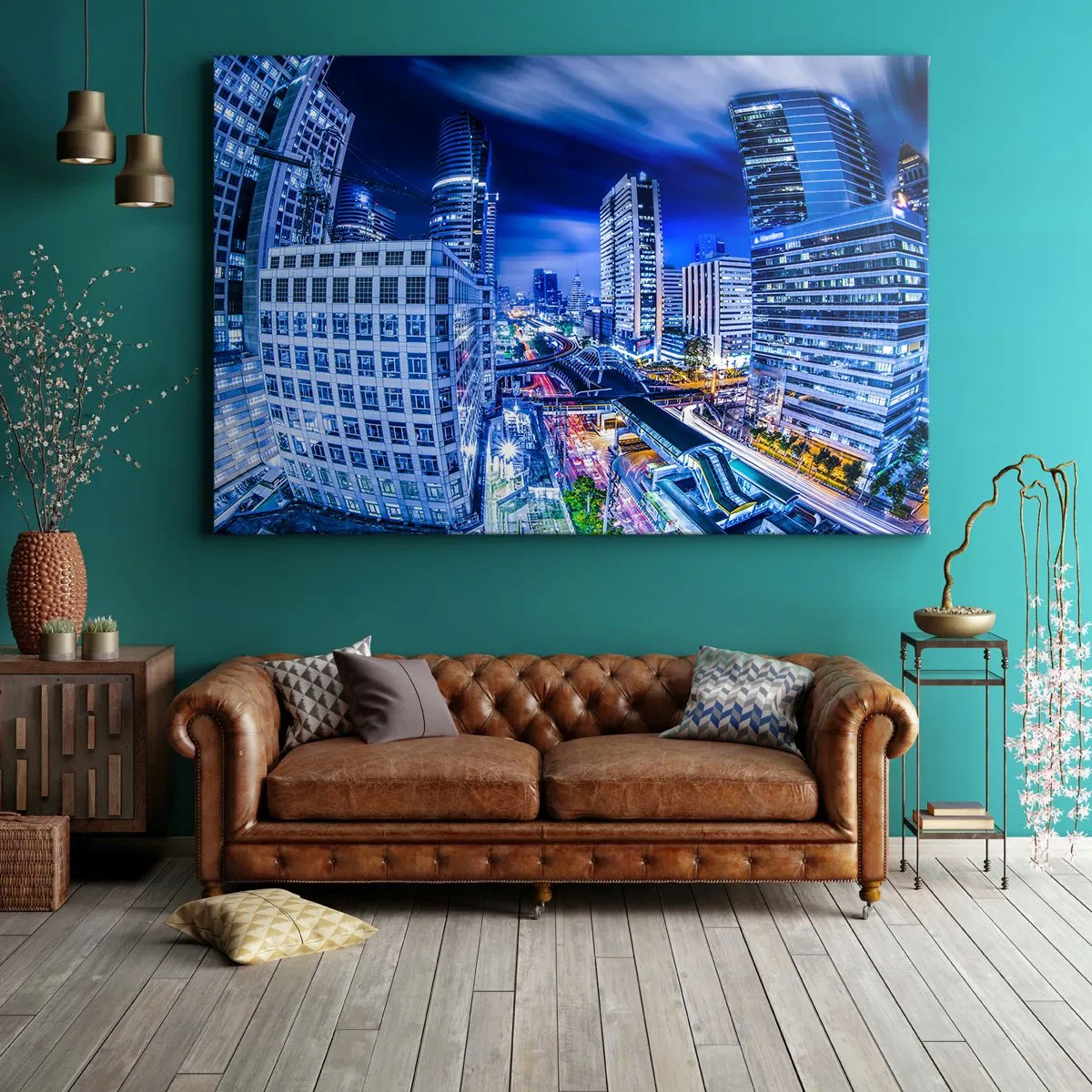Obraz na plátně - Noční panorama města s mrakodrapy a pouličními lampami - 70x50cm - Rytmy nočního města - Moderní nástěnná dekorace do obývacího pokoje a ložnice ARTTOR