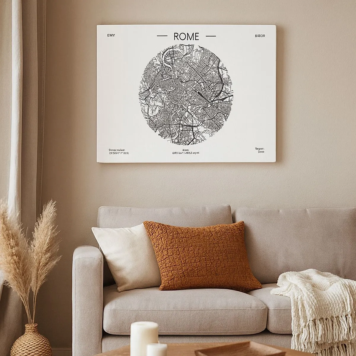 Obraz na plátně - Mapa Říma v minimalistickém, černobílém stylu - 70x50cm - Anatomie Říma - Moderní nástěnná dekorace do obývacího pokoje a ložnice ARTTOR